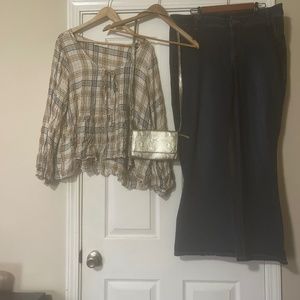 Plus sz Boho Top, crossbody purse, Lane Bryant wide leg jean
